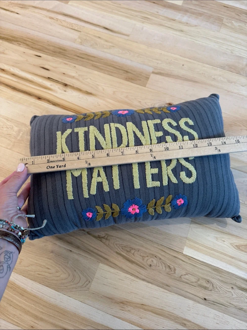 Natural Life-Kindness Matters Embroidered Floral Decor Pillow-Gray-Bohemian-Boho